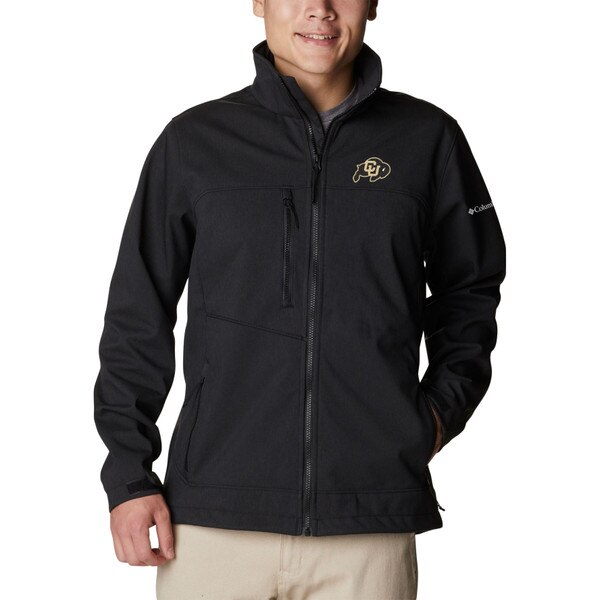 A black Columbia men's jacket with C.U buffalo logo, zipped hand pockets, and zipped chest pocket.